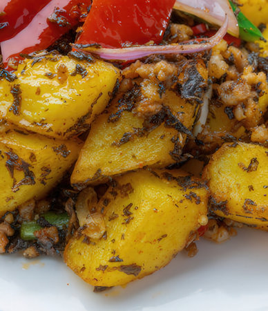 Fried potatoes with bulgur and vegetables on a white plate.の写真素材