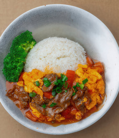 Rice with beef and vegetables in a bowl, Thai style foodの写真素材