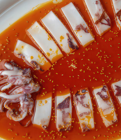 Seafood soup with octopus and squid. Top view.の写真素材