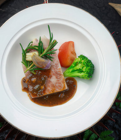 Beef with sauce and vegetables on a white plate