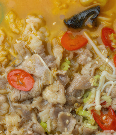 Thai spicy noodle soup with pork and vegetables, Thai food