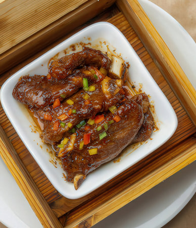 Braised pork spareribs with sweet and sour sauce in a white bowlの写真素材