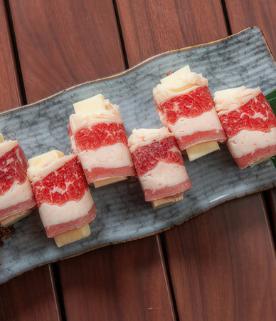 Japanese food, Wagyu beef and sliced onigiriの写真素材