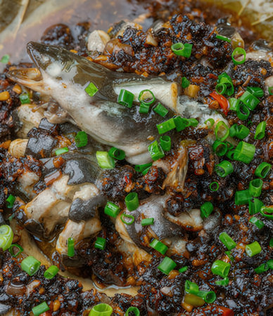 Close up of steamed fish with black soy sauce and green onionの写真素材