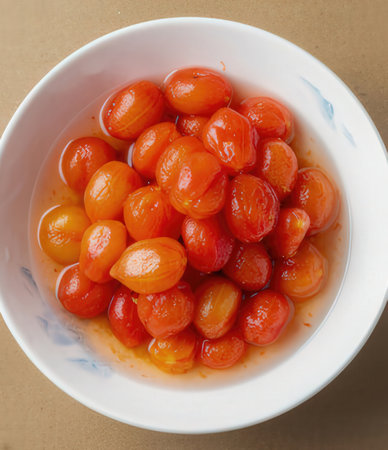 Pickled fruit in syrup in white bowl on brown background.