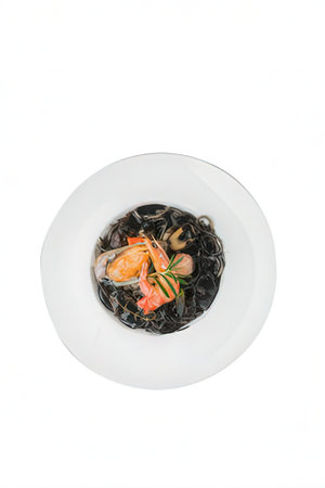 Black spaghetti with shrimps on a white plate isolated on white backgroundの写真素材