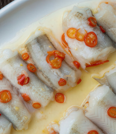 Steamed herring fillets with chili pepper on white dish.