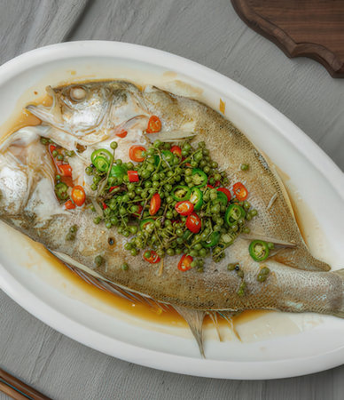 Steamed Fish with Green Peas and Tomatoes on White Plateの写真素材