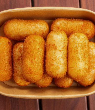 Deep fried dough stick in brown bowl on wooden background. Top view.