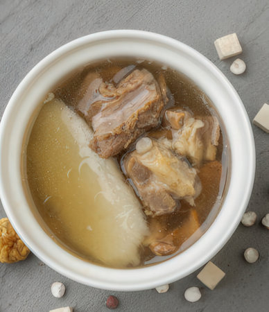 Chinese food, miso soup with pork in bowl on gray backgroundの写真素材
