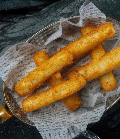 Fried cheese sticks in a basket on a dark background.