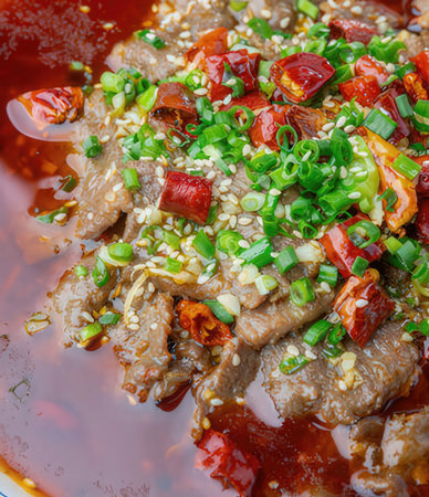 Beef with chili sauce and vegetables in a bowl. Close up.の写真素材