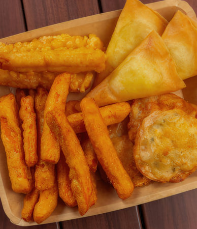Fried fish and chips in a paper box on a wooden table