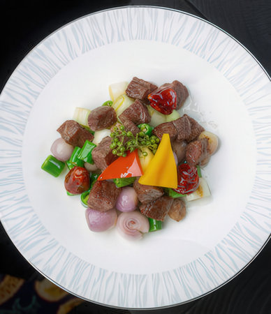 Thai food, Fried beef with vegetables on white plate.の写真素材