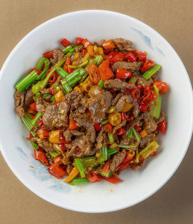 Stir-fried beef with sweet and sour sauce in white bowlの写真素材