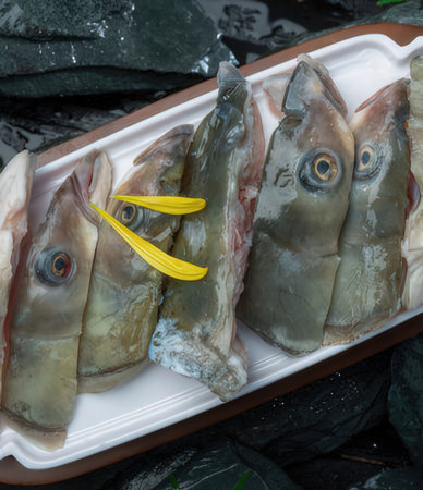 Fresh fish in plastic tray on the black stone background, stock photo