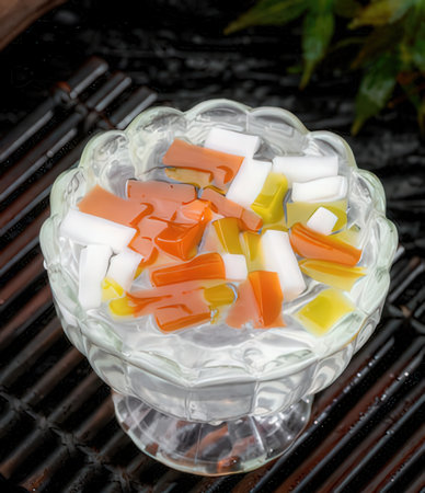 jelly candies in a glass bowl on a black background.の写真素材