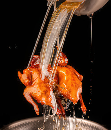 Falling drops of liquid in the form of a chicken on a black backgroundの写真素材