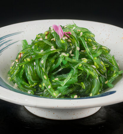 Seaweed salad on a white plate, isolated on black backgroundの写真素材