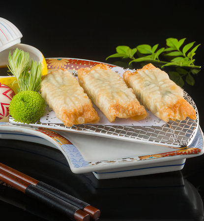 japanese cuisine. fried dumplings on a black backgroundの写真素材
