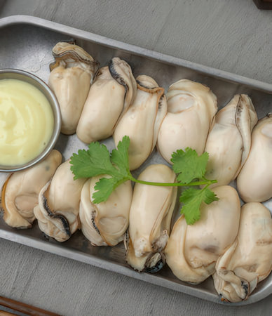 Fresh oysters with mayonnaise and parsley on a trayの写真素材