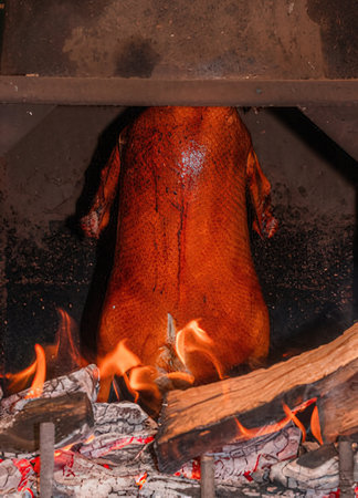 Traditional Turkish baked turkey on fire in a restaurant, Turkey.の写真素材