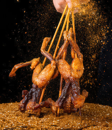 Fried chicken with wooden skewers on a black background with flour.の写真素材