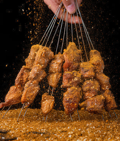 Skewers of pork with sesame seeds on a black backgroundの写真素材