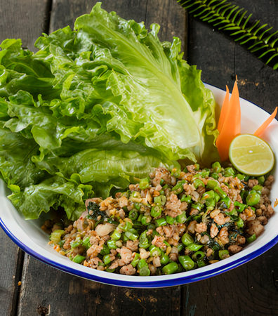 Thai spicy minced pork salad with fresh green peas and lemon on wooden backgroundの写真素材