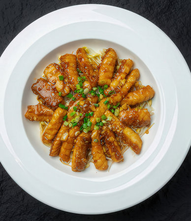 Stir-fried squid with sweet and sour sauce in white plate