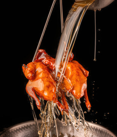 Pouring hot water on a chicken, isolated on black backgroundの写真素材