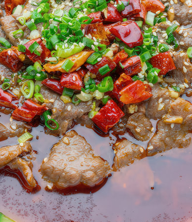 pork with spicy sauce and sesame seeds, delicious asian food