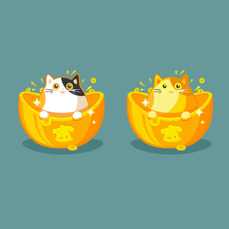 Cute cartoon cat in a pot of gold. Vector illustration.のイラスト素材