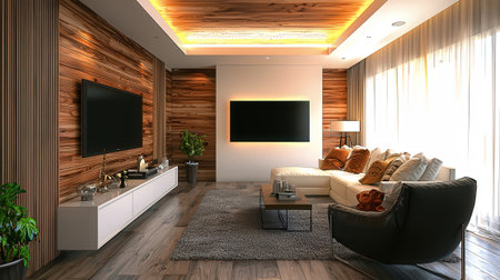 3d rendering of modern living room with tv on wall and sofa