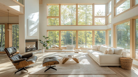 interior of modern bright living room with fireplace, 3d render