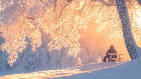 Man sitting on a bench in a snow covered forest at sunset.