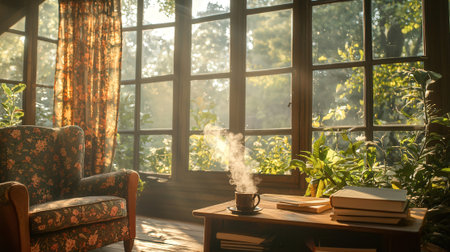 Interior of a living room with a large window and a chair