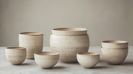 Ceramic pots on gray background. Minimalistic concept.