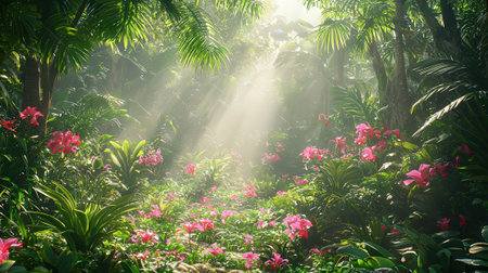 Beautiful tropical garden with blooming flowers and sunlight in morning.