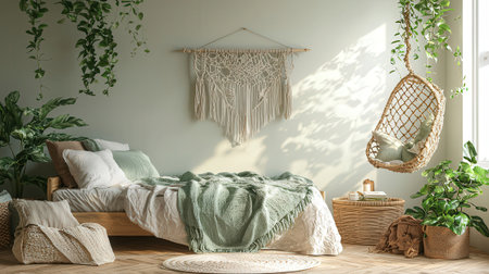Interior of modern bedroom with green plants, hammock and bed. 3d render