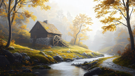 Autumn landscape with old wooden water mill. 3d render.