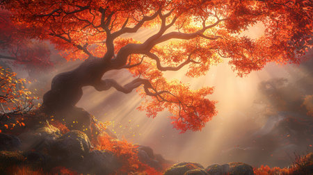 Fantasy landscape with autumn tree and sun ray. 3d render