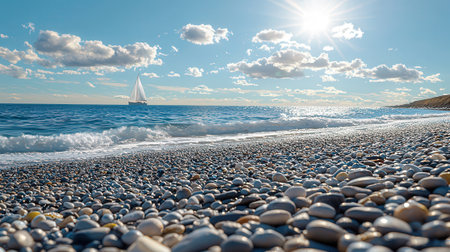 Beautiful seascape with pebble beach and sailboat