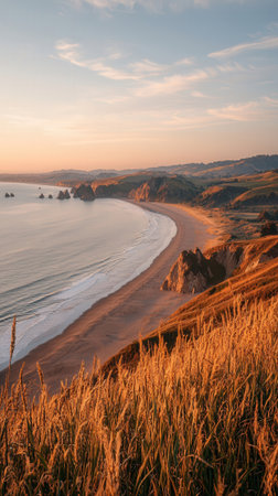 Sunset over a beach with cliffs and rocks. Golden hour view.