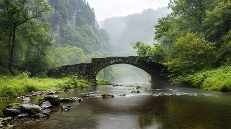 Old stone bridge over the river in the misty forest at summer