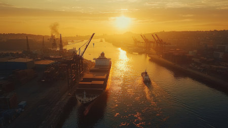 Aerial view of cargo ship in the harbor at sunset. Industrial landscape