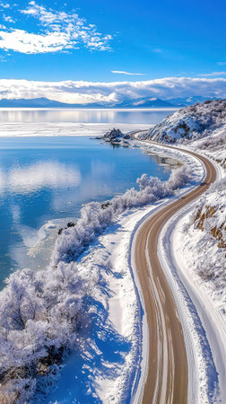 Beautiful winter landscape of a fjord with snow-covered road