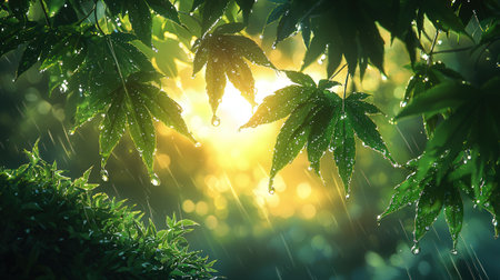 Water drops on green leaves with sunlight in the morning, stock photo