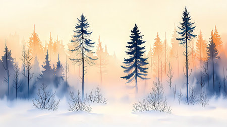 Foggy winter landscape with coniferous forest. Vector illustration.の写真素材