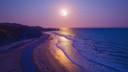 Full moon over the sandy beach at sunset. Long exposure shot.